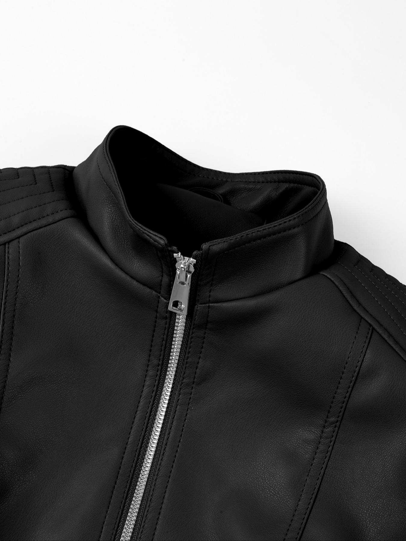 Women's Spring PU Motorcycle Jacket, Fitted Long Sleeve Zipper Pocket Commuter Streetwear, Casual Short Windproof Leather Coat