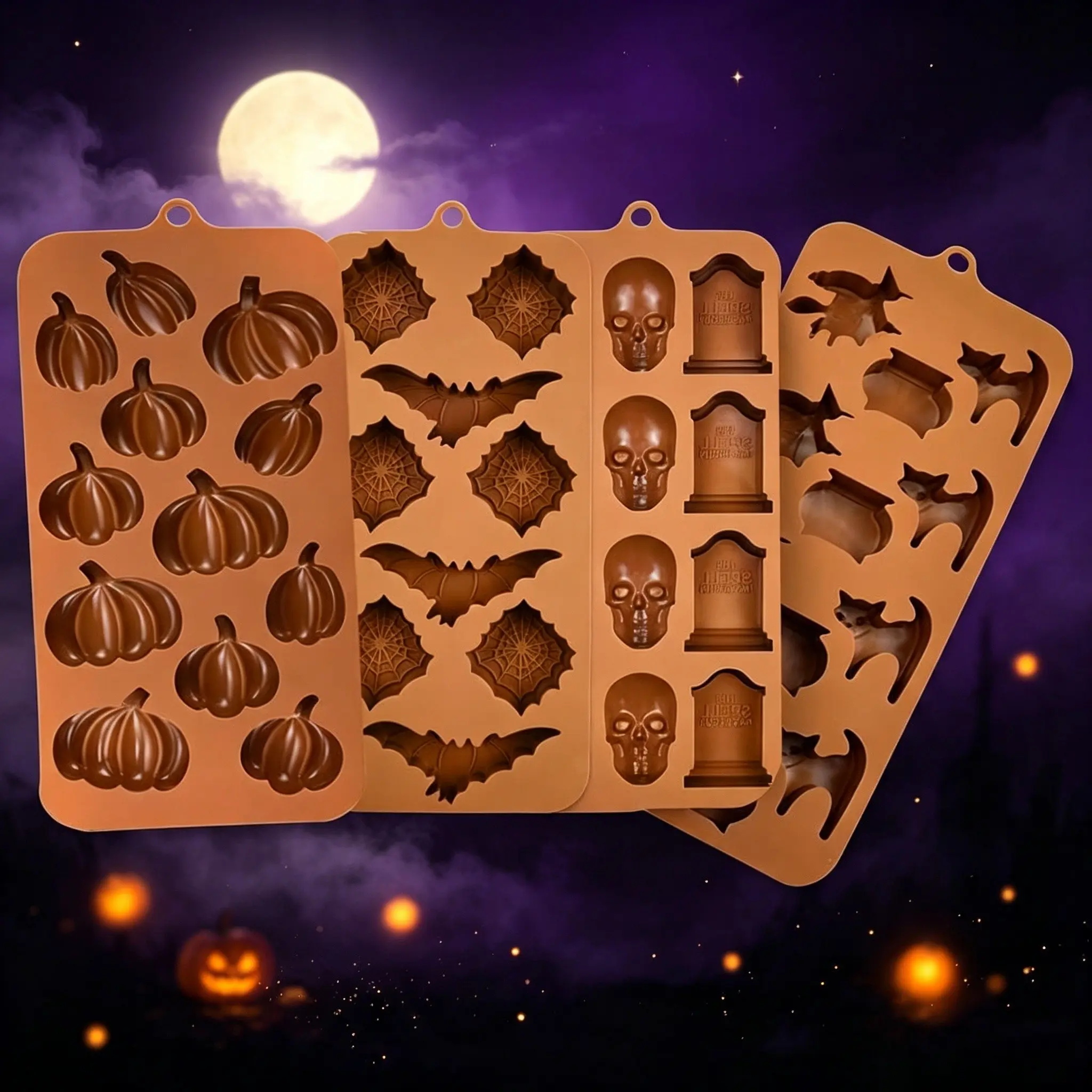 4 Pcs Halloween Silicone Molds, Chocolate, Candy, and Gummy Molds, Pumpkin Chocolate Molds, Baking Molds. Features Shapes Such as Pumpkin Heads, Spiders, Bat Skeletons, Bats, and Ghosts. Halloween-Themed, The Perfect Choice for Party Decorations.
