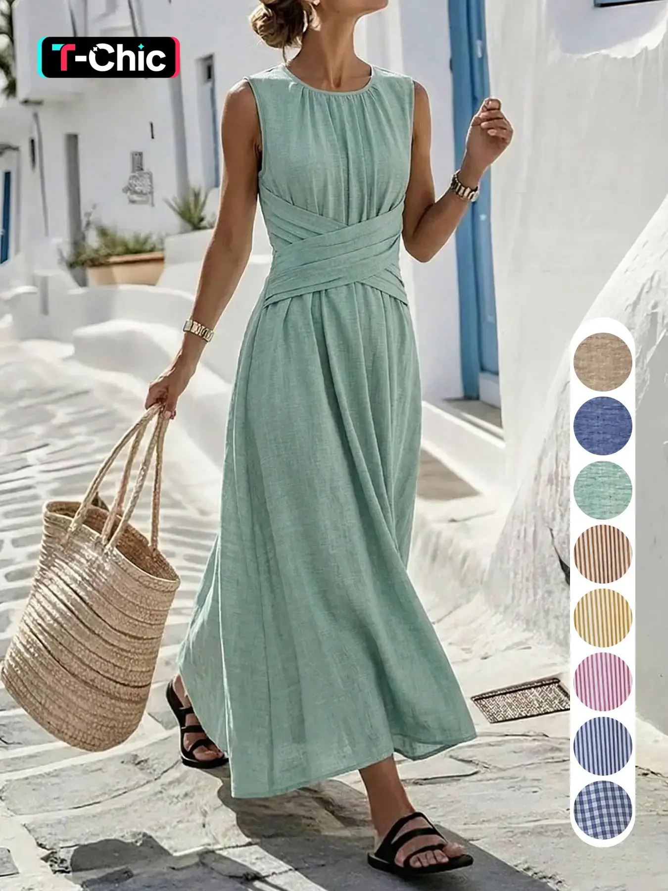 (The fabric is relatively thin, Lightweight and the size is a bit large) Sleeveless Round Neck Vacation Dress, Relaxed Style, Simple Minimalist Elegant Look, Long Beach Dress, Summer Travel Dress, Daily Casual Plain Dress Ff2632