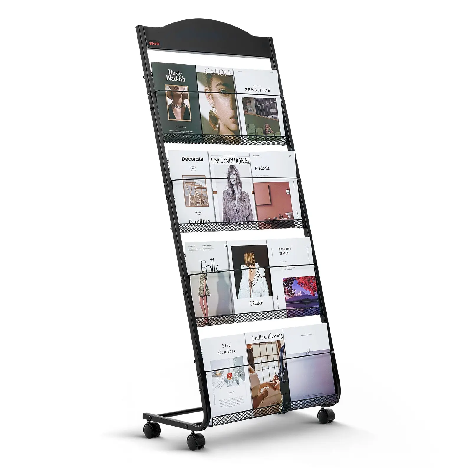 VEVOR 4-Layer Brochure Display Rack, Stable Corrosion-Resistant Heavy-Duty Movable Floor Stand with Wheels & Brakes, Magazine Literature Newspaper Catalog Holders for Shops, Exhibitions