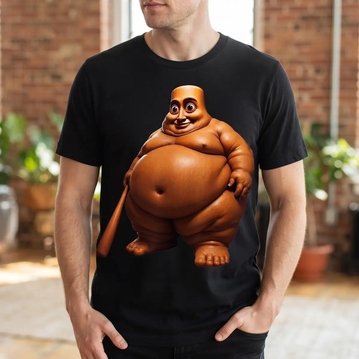 Unisex Short-Sleeve Round Neck Casual Streetwear T-Shirt, Popular Quirky Meme Print, Funny Absurd Brainrot Primitive Man Design Sports Top, Shortsleeve, Tshirt