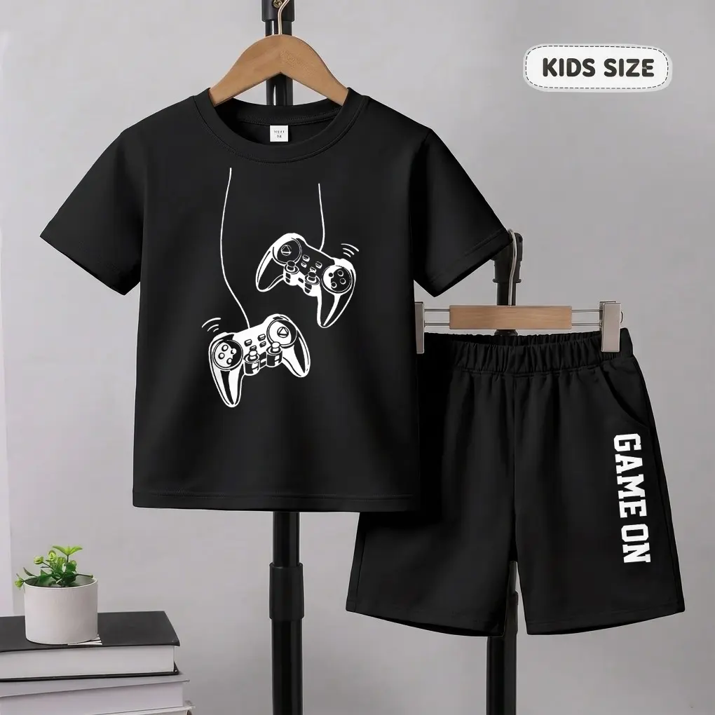 Boys' 2-Piece Outfit Set, Casual Game Print Short Sleeve Tee & Shorts, Soft Breathable Lightweight Summer Clothes for Kids Outdoor Play, Kids Size, 3 - 4 Years, Active Set, Graphic Print Set