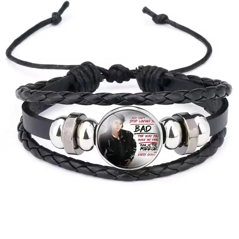 Michael Jackson Mj Time Gem Woven Bracelet, Adjustable Multi-Layer Leather Rope Jewelry, Fan Support Accessory, Trendy Handmade Crafted Design, Fashion
