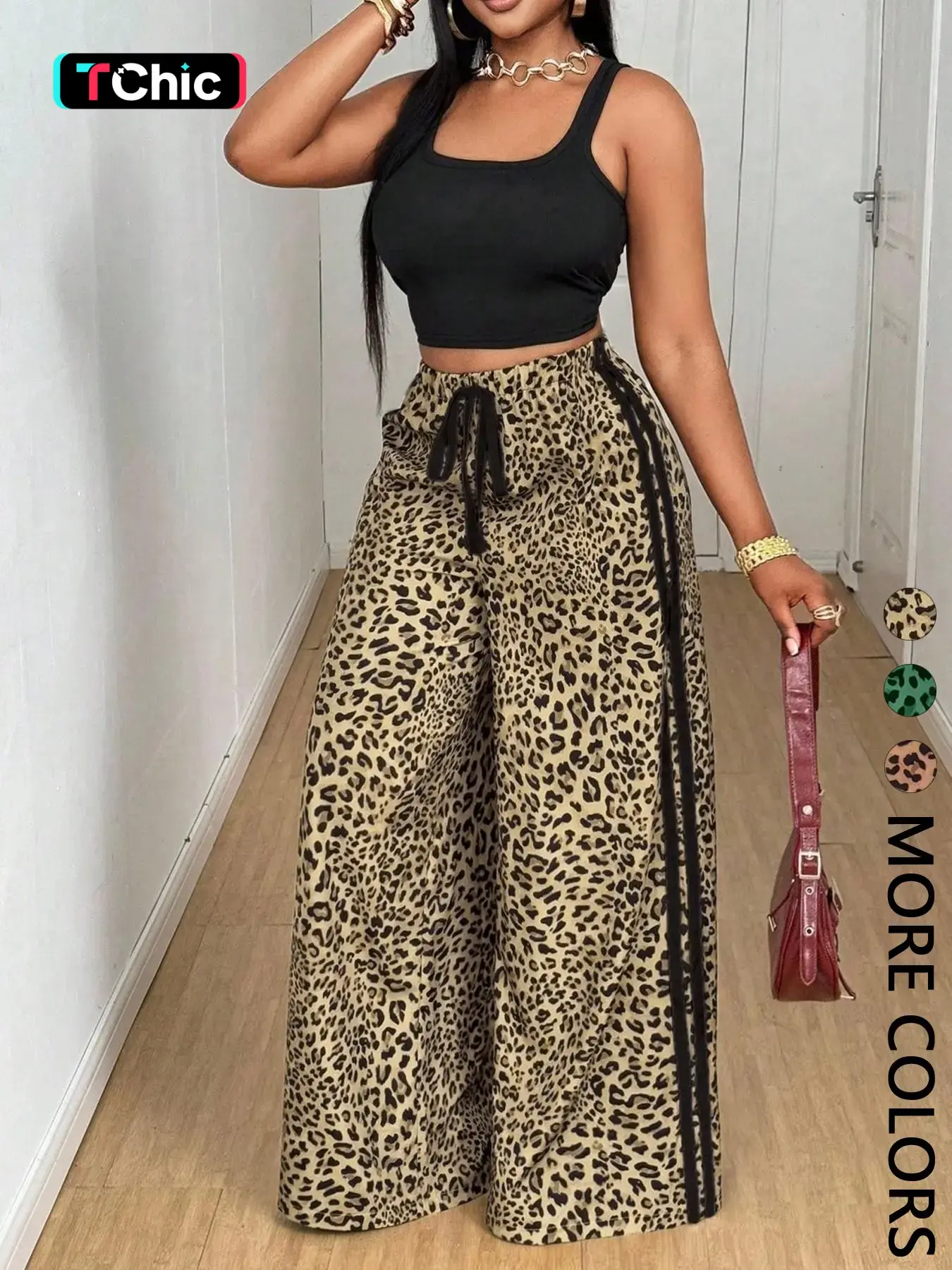 Women's 2-Piece Casual, Solid U-Neck Sleeveless Top + Leopard Print Pants, Fitted Style, Essential for Leisure and Commute