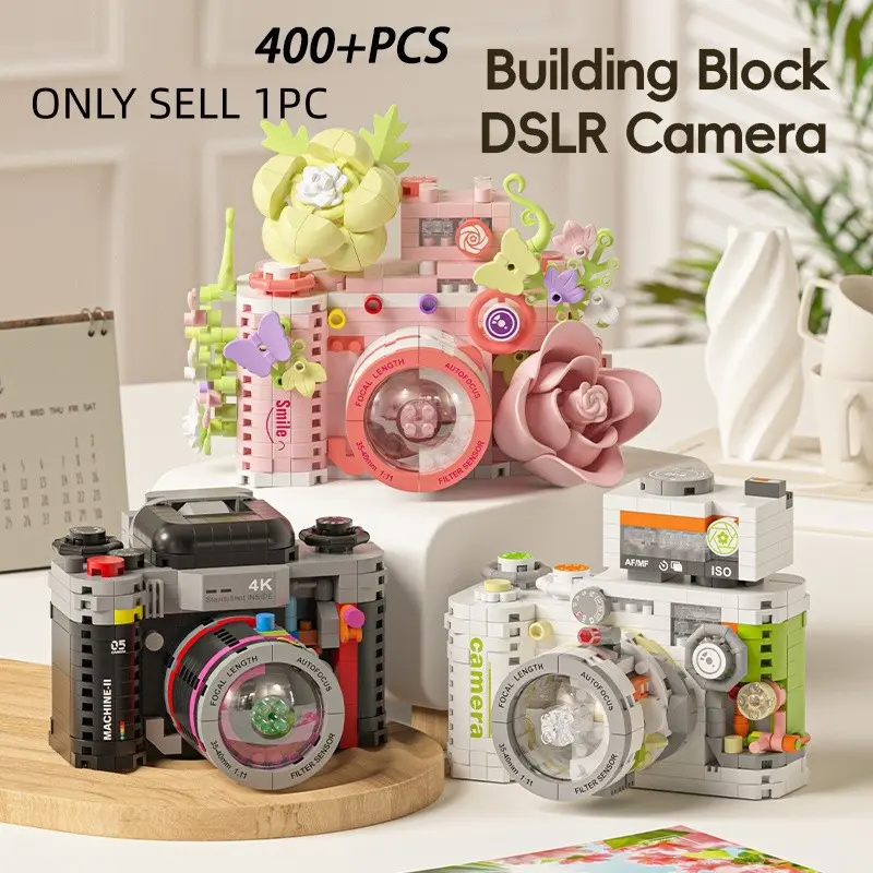 400+pcs Vintage Dslr Camera Building Block Set, Buildable Blocks Kit, Creative DIY Craft Toy, Miniature Model with Floral Decor, Desktop Ornament, Girls' Birthday Gift