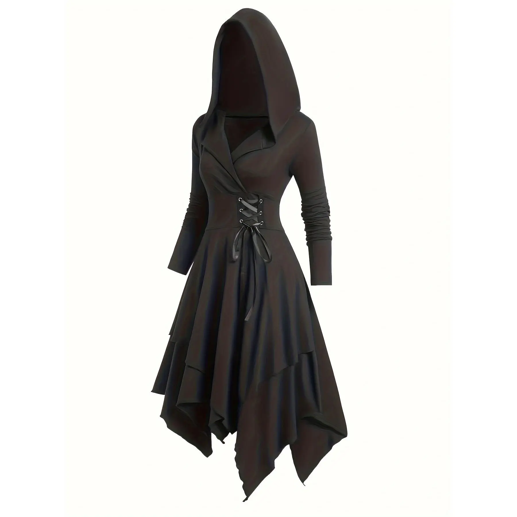 [Vintage Cape Dress] Vintage Women's Casual Long Sleeve Hooded Cape Dress - Solid Color Masquerade Character Costume Apparel