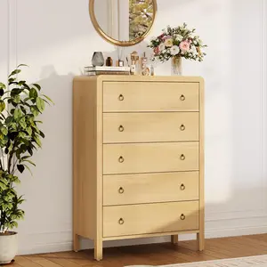 Garvee 5 Drawer Dresser with Gold Ring Pulls, Mid-Century Modern Storage Chest and Organizer Cabinet for Bedroom, Nursery, Living Room