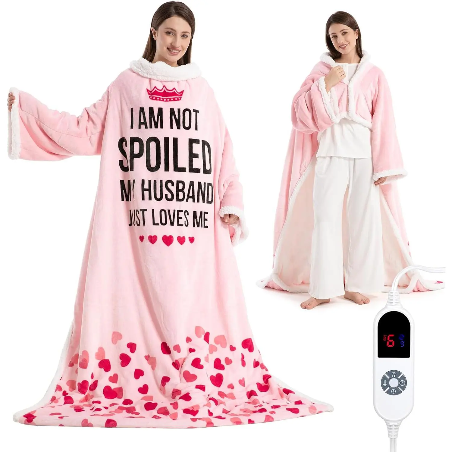 Wearable Heated Blanket for Women,  Christmas Birthday  for Wife, Electric Throw Blanket with Sleeves, Foot Pocket, Heated Robe for Mom, 3 Heat-Level & Timer, ETL Safe, Spoiled Wife,