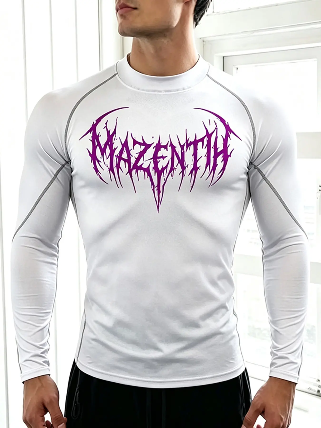 Athletic Stretchy Slim Fit High Neck Mens Compression Shirt Tops Purple Gothic Sharp Spike Text Print For Sports Fitness Running Gym Workout Long Sleeve Base Layer Tee