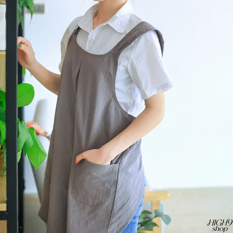 Pure Cotton Korean Style Shoulder Strap Apron For Women, No Tie Design Retro Casual Smock Dress, Stain Resistant Comfort Home Kitchen Cleaning Wear With Loose Fit