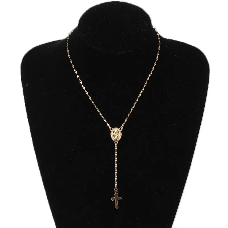Virgin Mary Medal Cross Y-Drop Necklace Dainty Mirror Oval Chain Religious Pendant Necklace Gold Silver Two Tone for Women