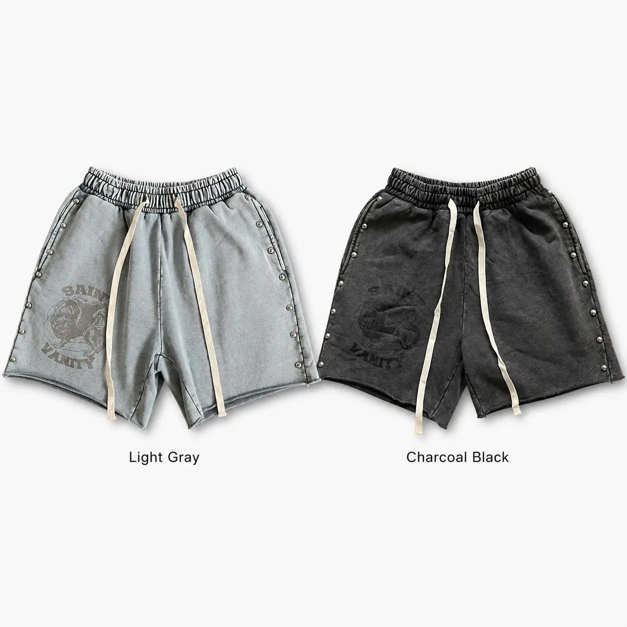 SAINT VANITY Washed Rivet Shorts Men Streetwear Y2K Casual Athletic Shorts Elastic Waist Drawstring Vintage Wash Gym Running Summer Shorts