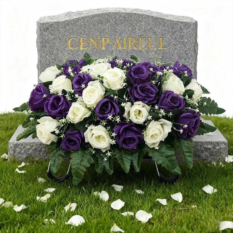 Mixed Color Cemetery Flower Silk Rose, Maintenance-Free Tombstone Decoration, Outdoor Memorial Garden, Elegant Tribute Display, Weather-Resistant
