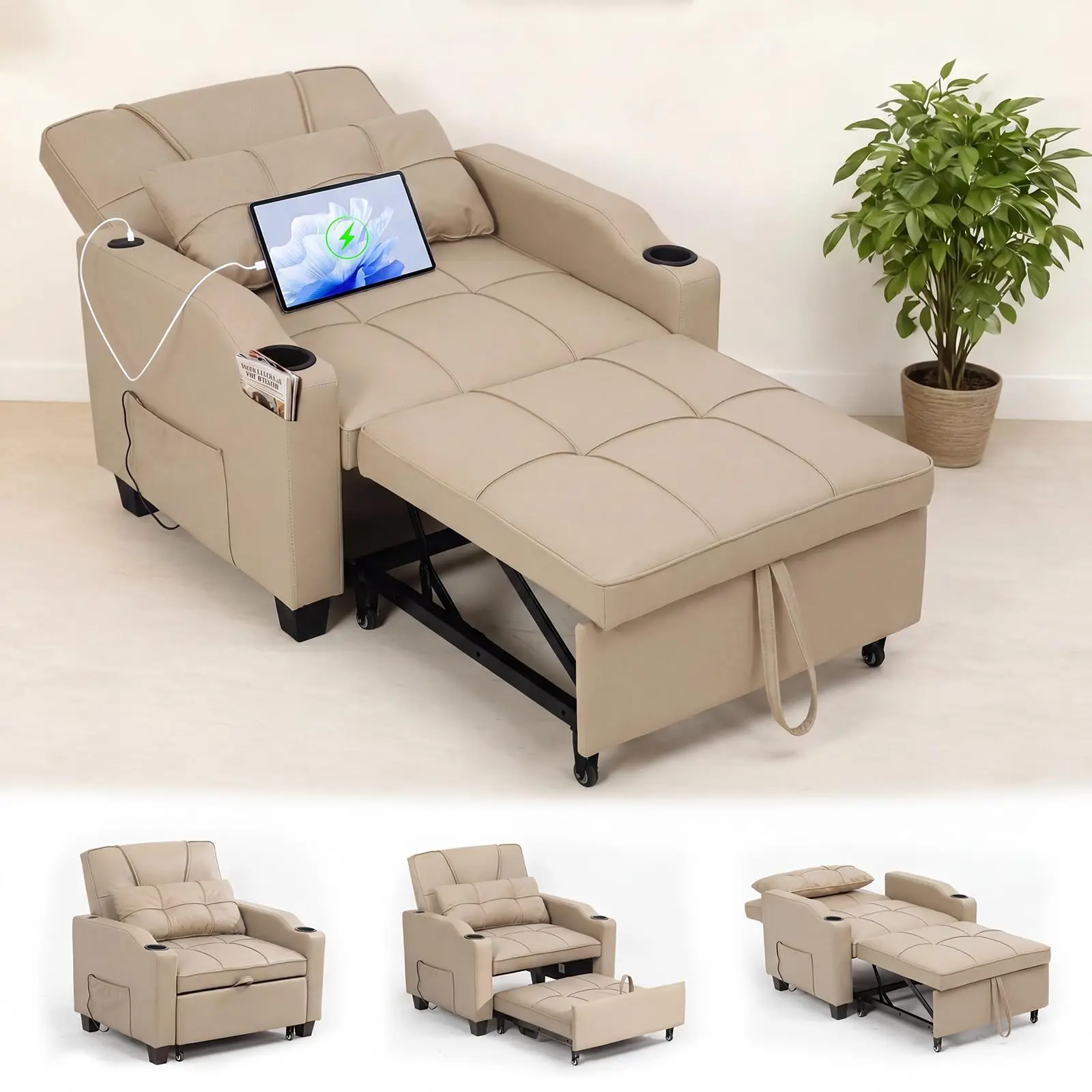 GAOMON 4-in-1 Convertible Sleeper Chair - Recliner Sofa Chair with Vibration Massage, Lumbar Pillow, USB/Type-C Ports, Cup Holders, Side Pocket, Ideal for Small Spaces, Multiple Colors Available