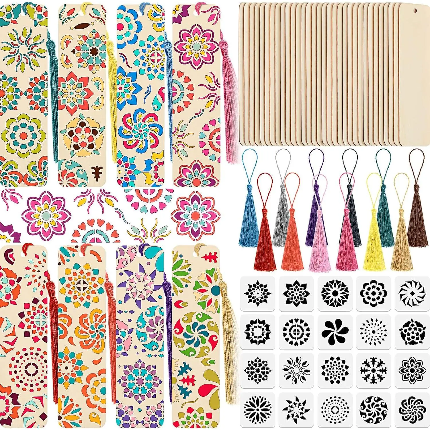 Poplar Wood Flower Bookmark Making Kit (92-Piece, 4.8x1.3in) - 36 Unfinished Blank Bookmarks, 36 Tassels, 20-Template Set, for School Class Holiday DIY Personalization of Office Stationery