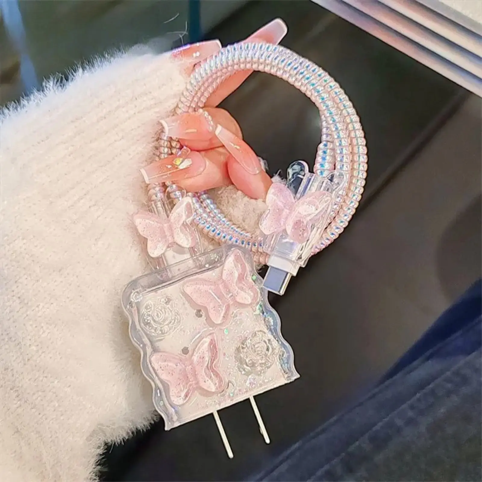 charger not includedCute Pink Butterfly Epoxy Charger Protector, decorative cover for 20W fast chargers and Apple cables. Lovely butterfly design, durable protection