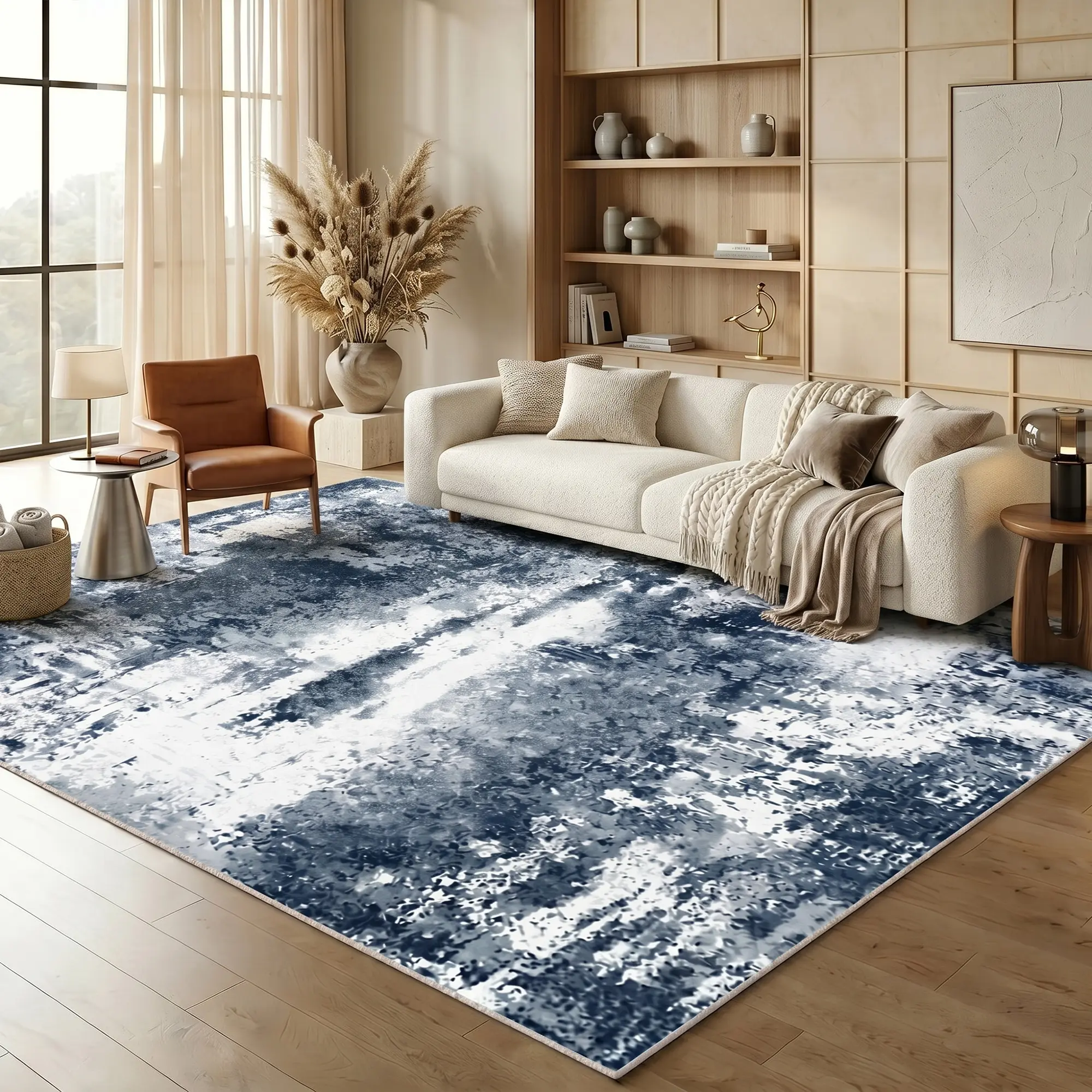 BLIOWL Modern Abstract Dark Blue Faux Cashmere Area Rug, Machine Washable, Non-Slip, Low-Pile Indoor Carpet, Ultra-Soft, No-Shedding Rugs for Living Room, Bedroom Home Decor, Rug For Bedroom