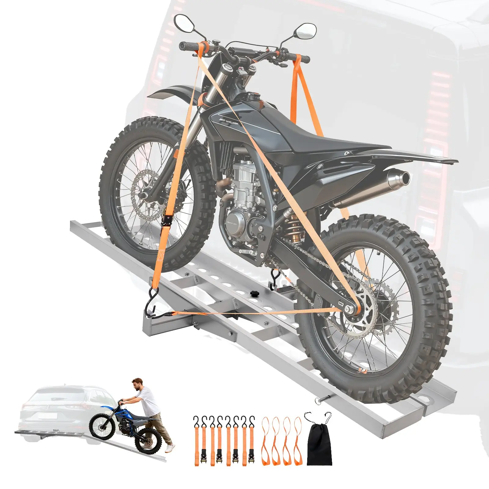 VEVOR Detachable Motorcycle Carrier, 400 lbs Capacity, Heavy Duty Aluminum Hitch Mount Rack with 73 in Loading Ramp, Straps, Stabilizer, Scooter Dirt Bike Hauler for Car, Truck with 2-Inch Hitch Receiver