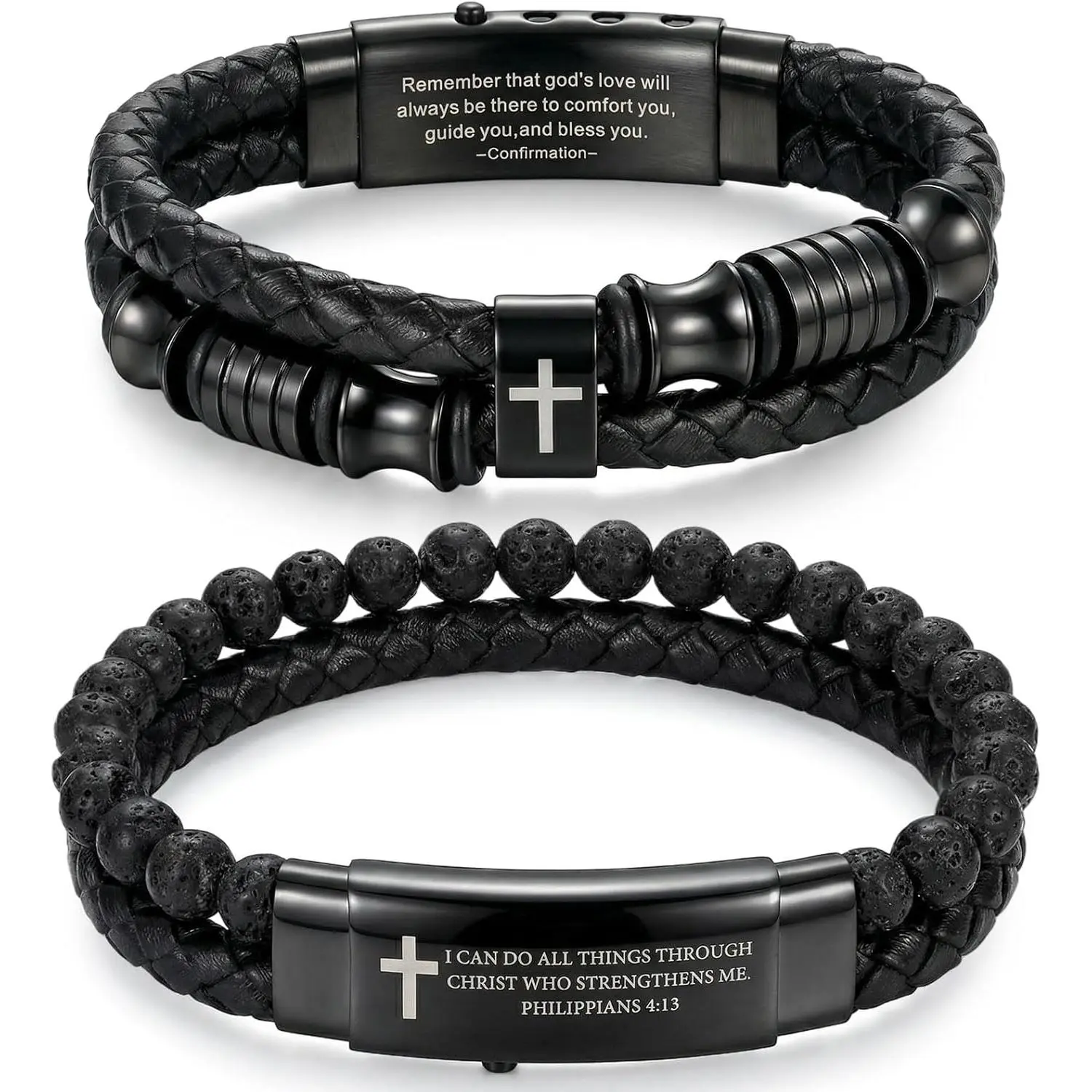 2 Pack Men's Inspirational Cross Bracelets, Double-Row Braided Leather Faith Bracelets, Stainless Steel Adjustable Cuff Bangle Bracelet Encouragement Motivational Gift for Men Teenage, Black