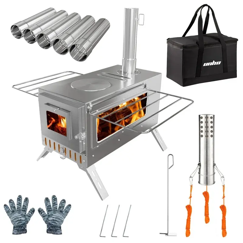 AobtkelHot Tent Stove, unho Wood Burning Stove, Portable Wood Stove with 6 Stainless Chimney Pipes for Outdoor Heating & Cooking