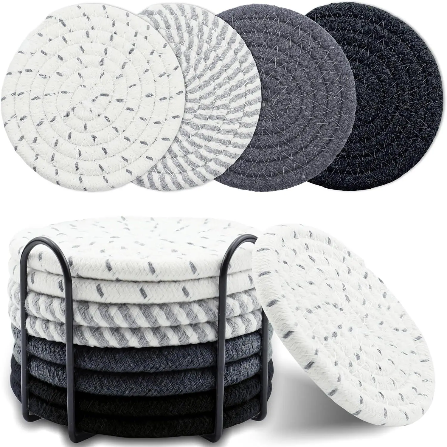 8 Pcs Drink Coasters with Holder, Minimalist Cotton Woven Coaster Set, 4 Colors Absorbent Coaster Protection for Various Cups, Ideal for Coffee Tables and Home Decor Tabletop, 4.3 Inches