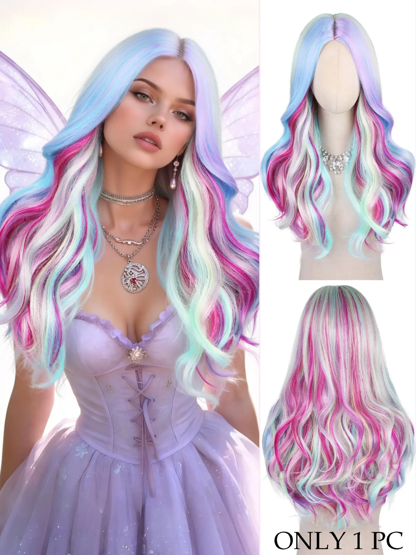 Rainbow Hair Wigs with Middle Part Full Long Curly Wavy Rainbow Hair Wig,Heat Resistant Wig for Music Festival, Theme Parties,Wedding,Concerts, Dating,Cosplay Halloween Mixed Color 24inch Beautiful Long Wavy Harajuku Style Cosplay Wig, Middle Parted Wig
