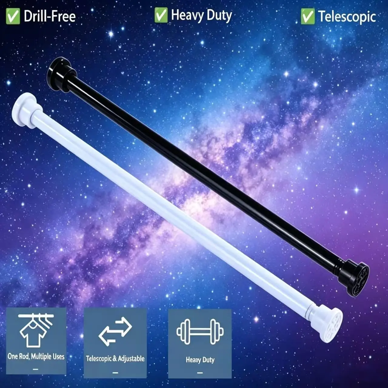 Adjustable Extendable Rod, No Drilling Required, Heavy Duty, High Durability, Telescopic, 1.6cm Diameter, 11.81in-19.68in Length, Multi-Purpose Clothes Rack for Doorway & Balcony, Shower Curtain Rods
