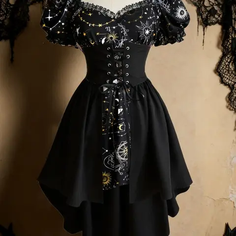 Gothic Starry Night Magic Tailcoat Dress, Medieval Steampunk Renaissance Style, for Music Festival Party, Pirate Dress, Vintage Gothic Party Dress