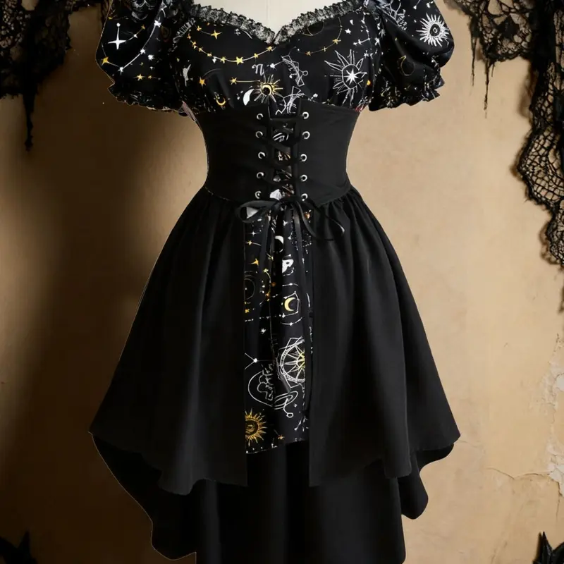 Gothic Starry Night Magic Tailcoat Dress, Medieval Steampunk Renaissance Style, for Music Festival Party, Pirate Dress, Vintage Gothic Party Dress