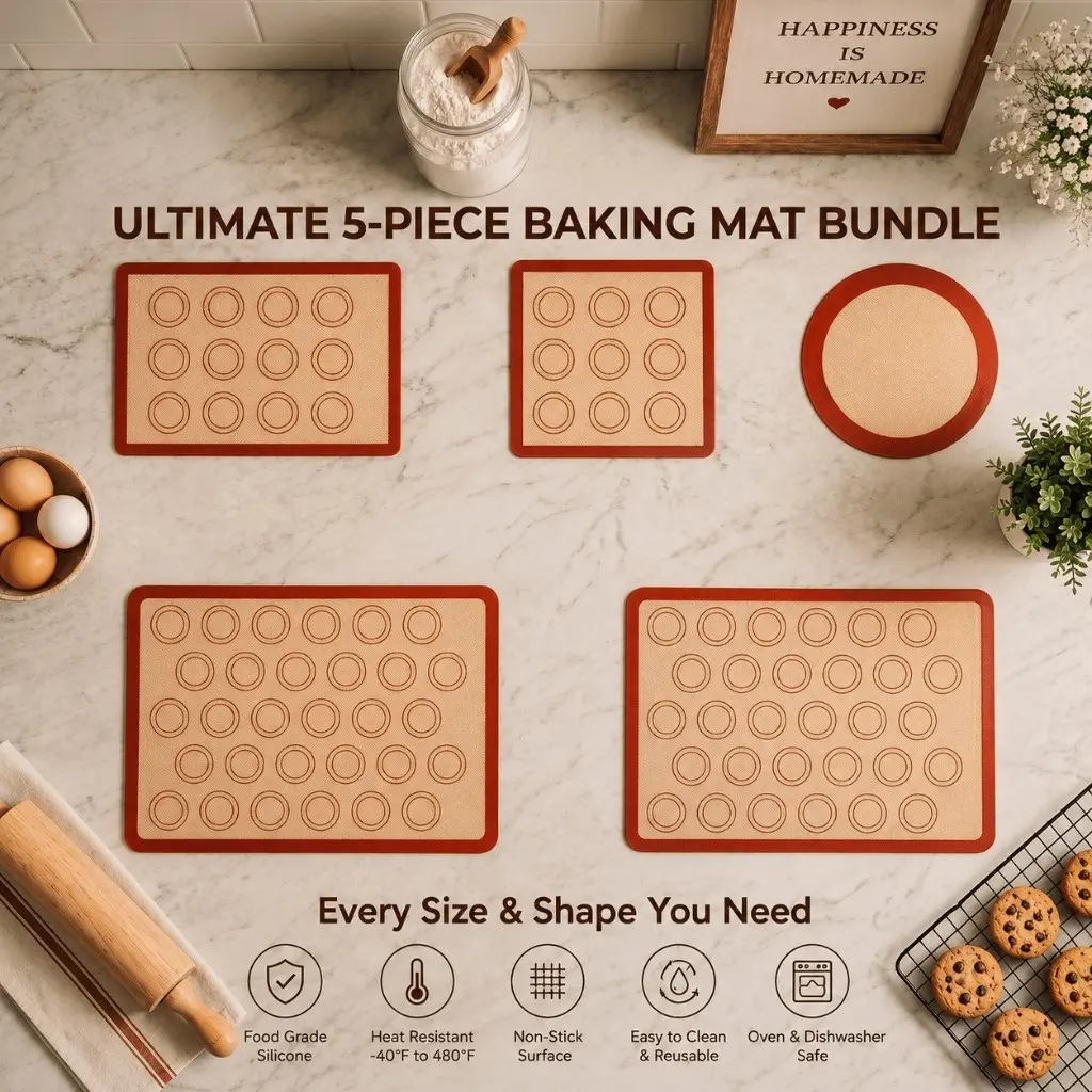 5PCS Silicone Baking Mat Set, Non-Stick Reusable Silicone Baking Mats with Macaron Guide, Round & Rectangular Baking Tray Liners for Cookies, Pastry, Dough and Pizza
