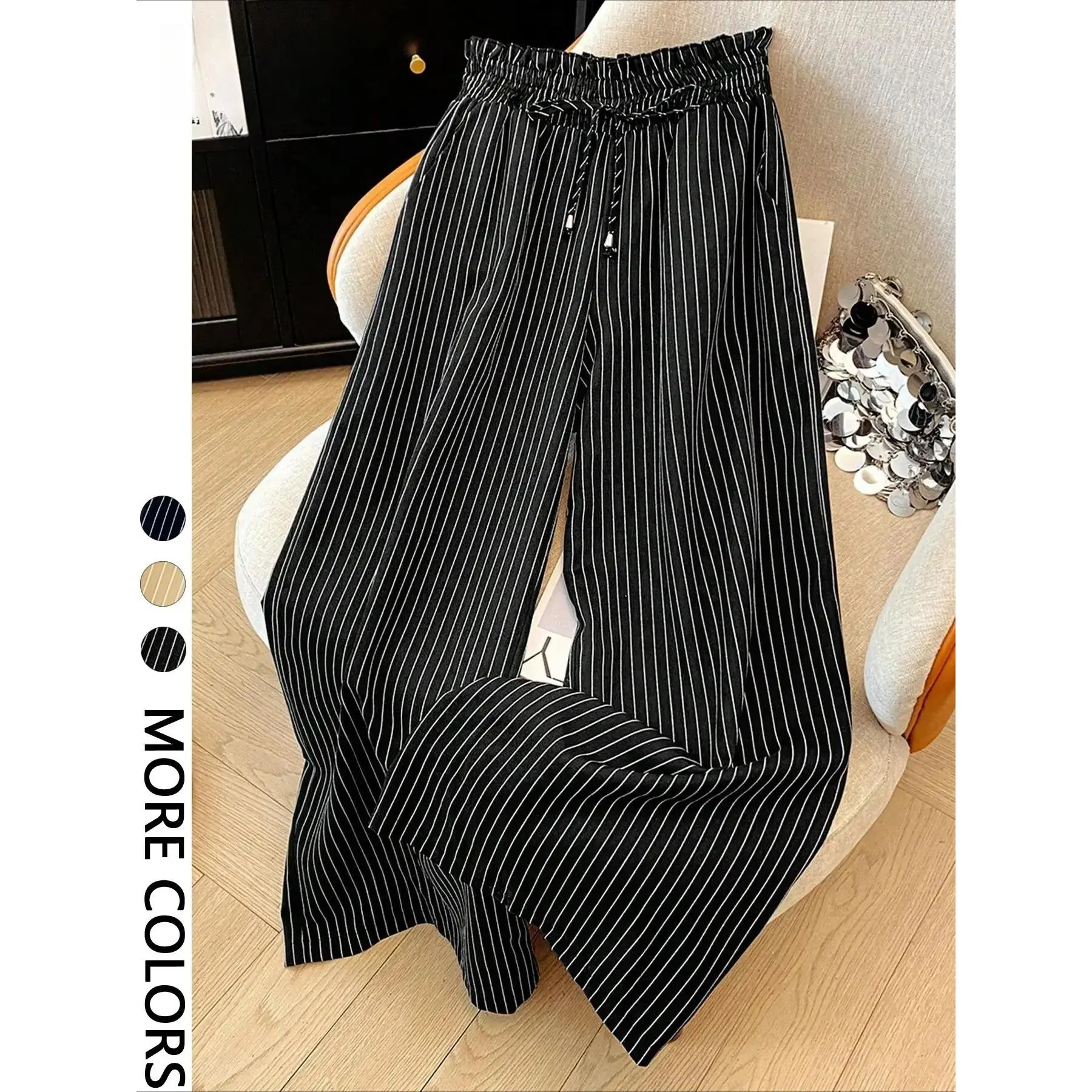 Women's Viscose Fiber Loose-Fit Striped Casual Elastic Waist Below Knee Long Pants - Comfortable Stylish Pyjama Bottoms for Daily Lounge Wear