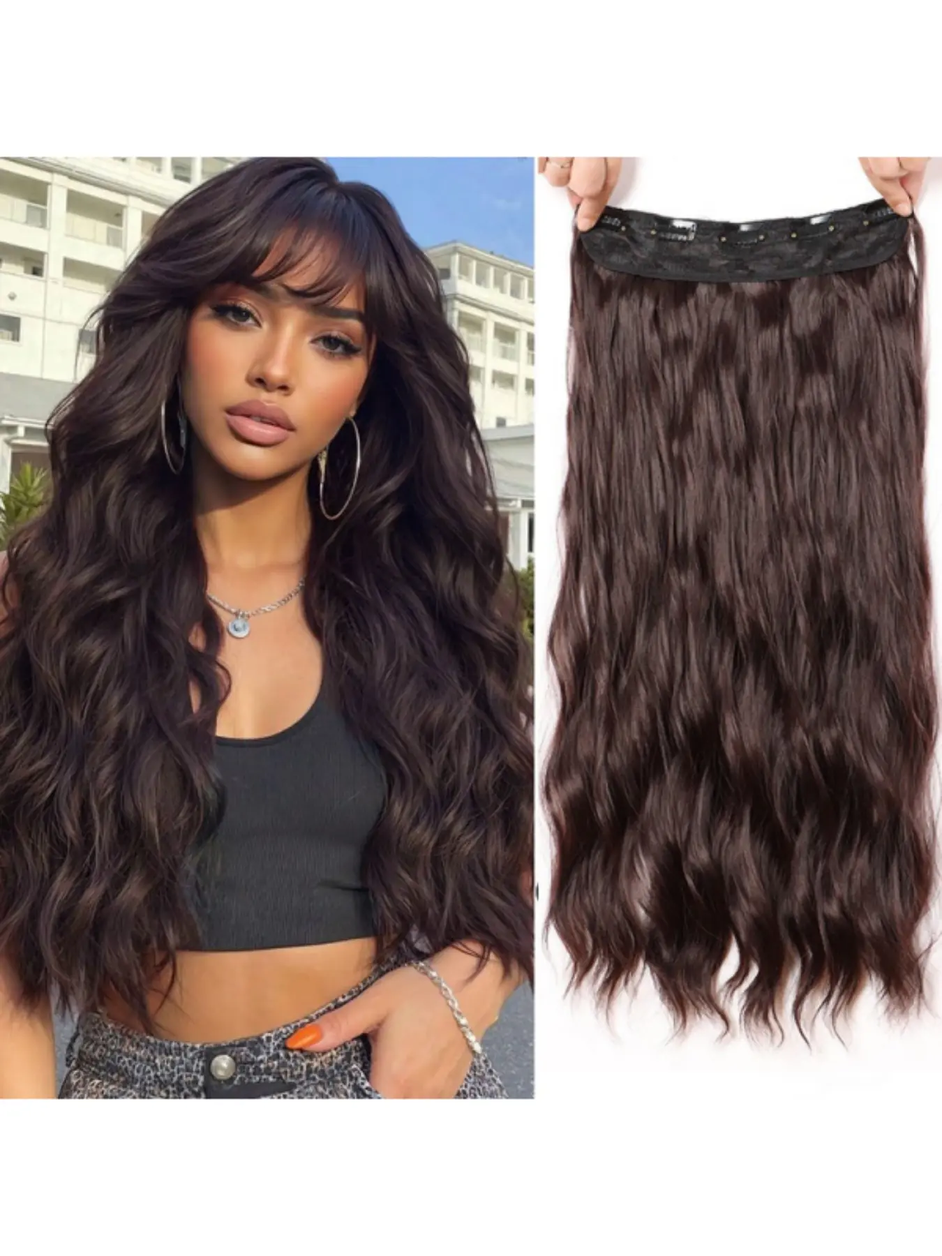 24 Inch Long Wavy Halo Hair Extensions, Synthetic Fiber Invisible Wire Flip In Hair Extension, Natural Looking Hairpiece for Women