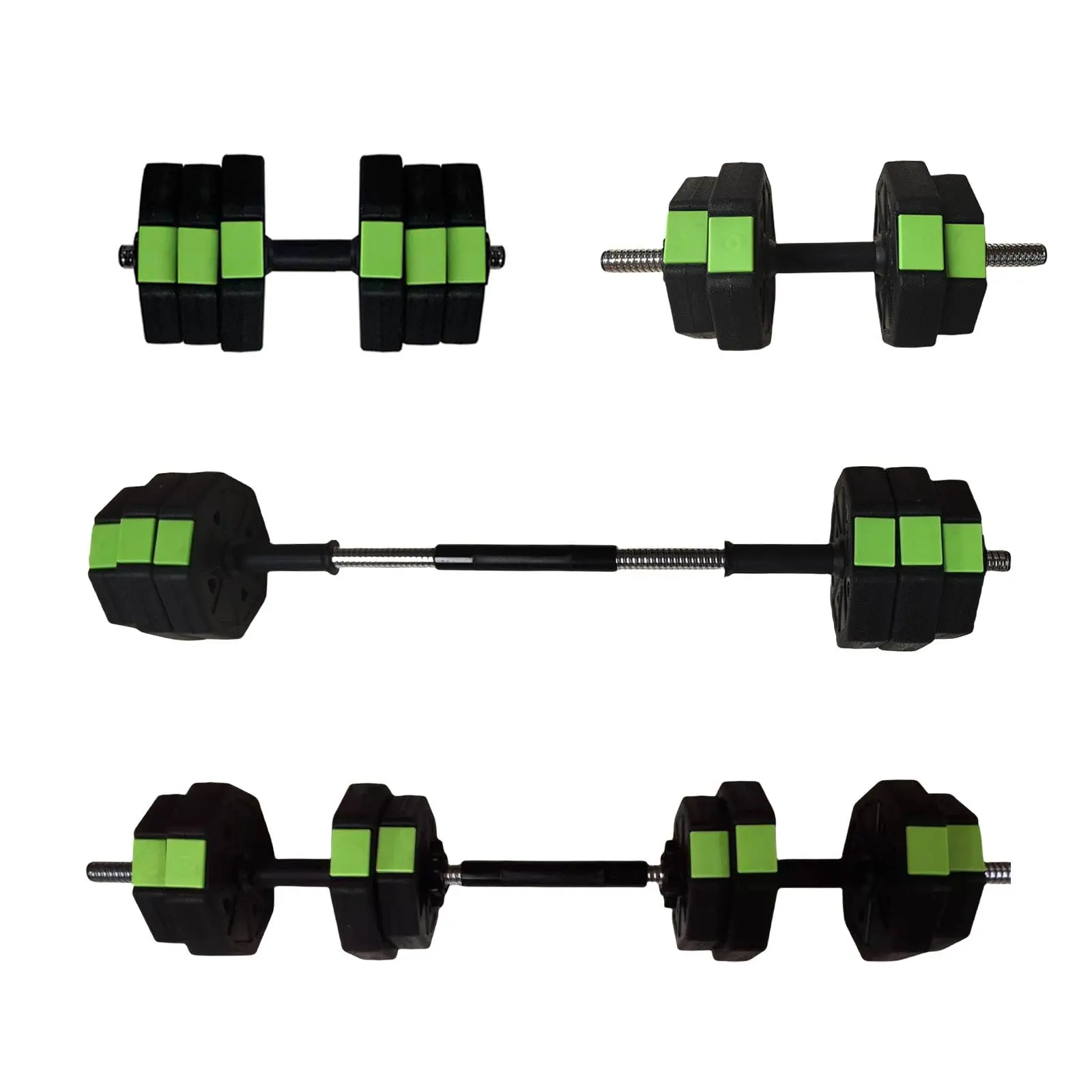 Adjustable 30LB Dumbbell Barbell Kettlebell Set, 4-in-1 Multi-Functional Weights with Polygonal Anti-Roll Design, Heavy Duty Home Gym Strength Trainer with Non-Slip Grip, Safe Iron Sand Fill Body Weight Training Equipment, Green & Black