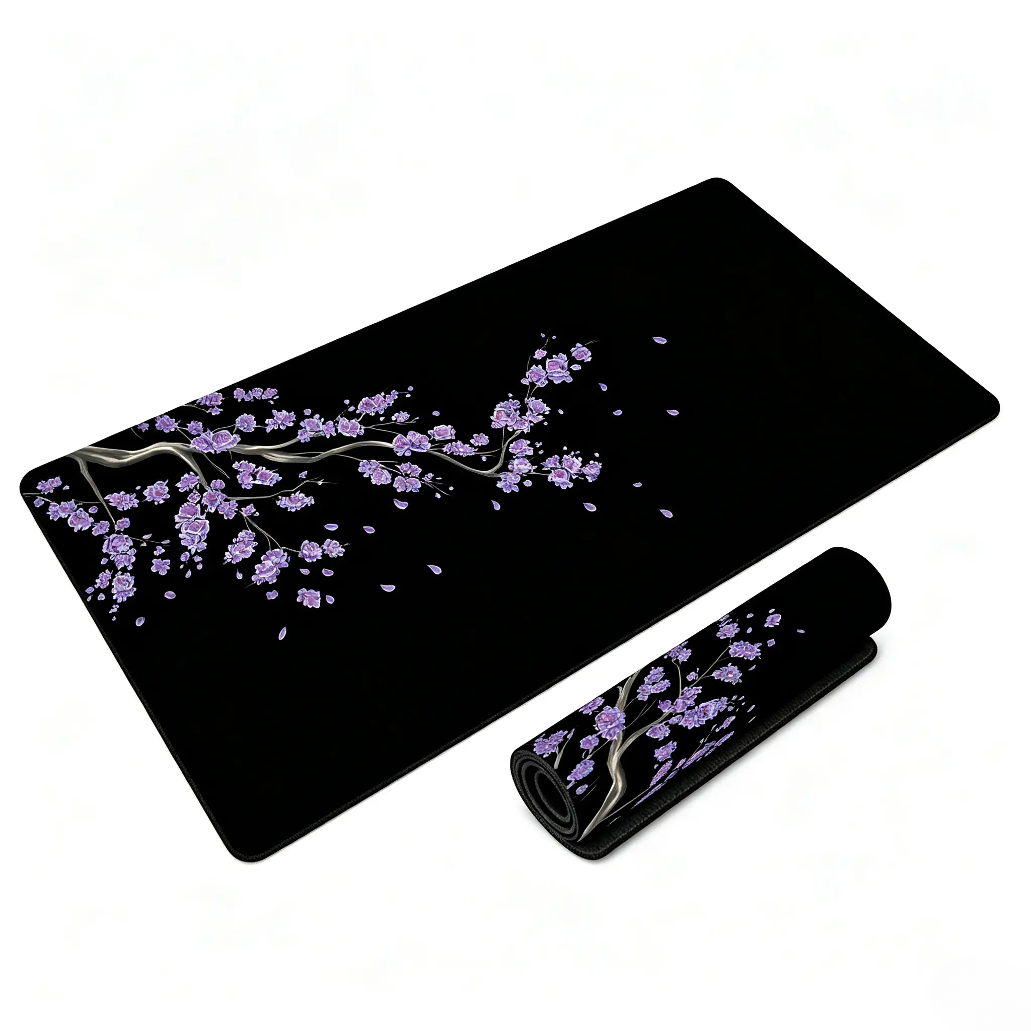Large Rectangular Purple Cherry Blossom Gaming Mouse Pad - Diatom Mud Base, Fabric Top, Aesthetic Office Supplies, Stylish Black Floral Computer Desktop Accessory