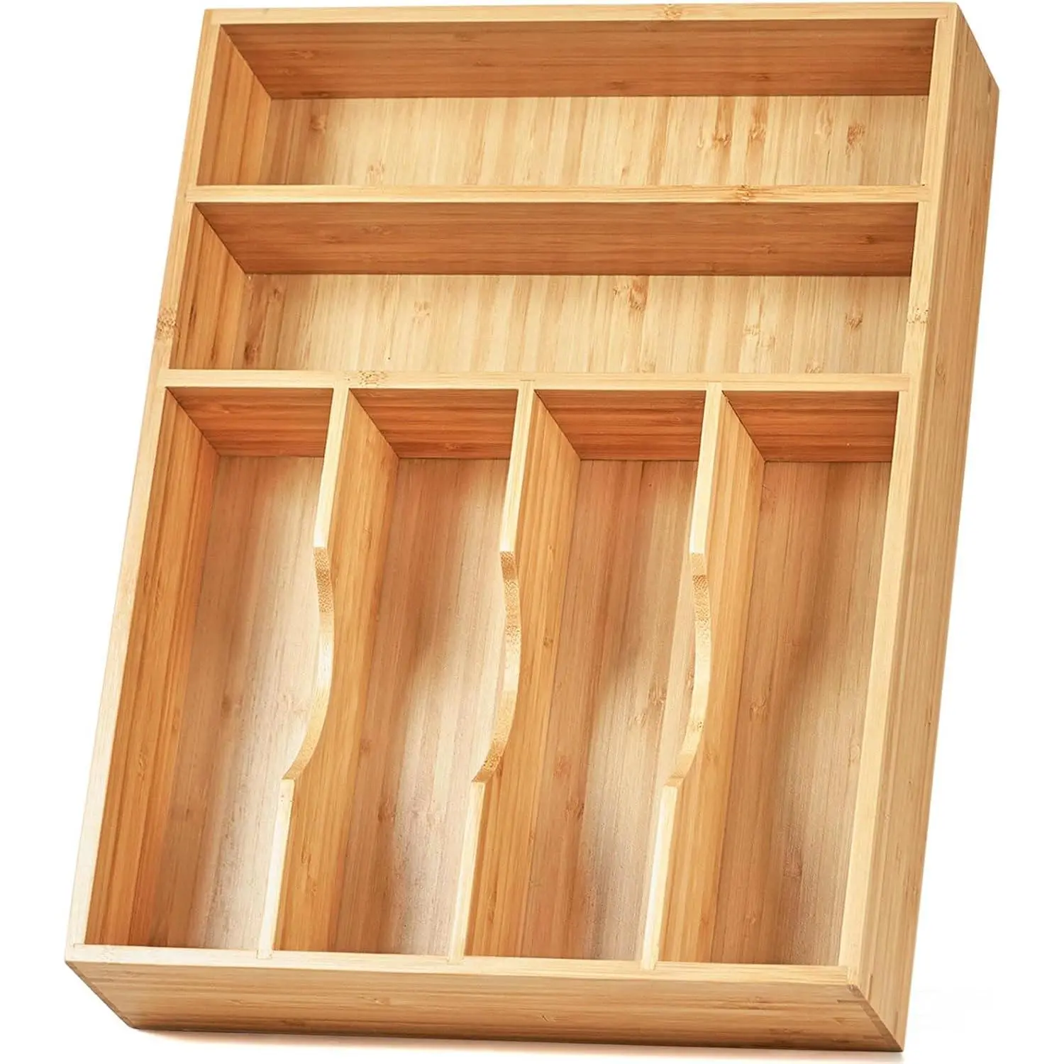 Kitchen Drawer Organizer, 12 Inch Silverware Utensil Tray Holder, Extra Deep, with Non-Slip Feet & Grooved Drawer Divider, 6 Slots Total Bamboo Wood Caddy for Flatware Cutlery Knives