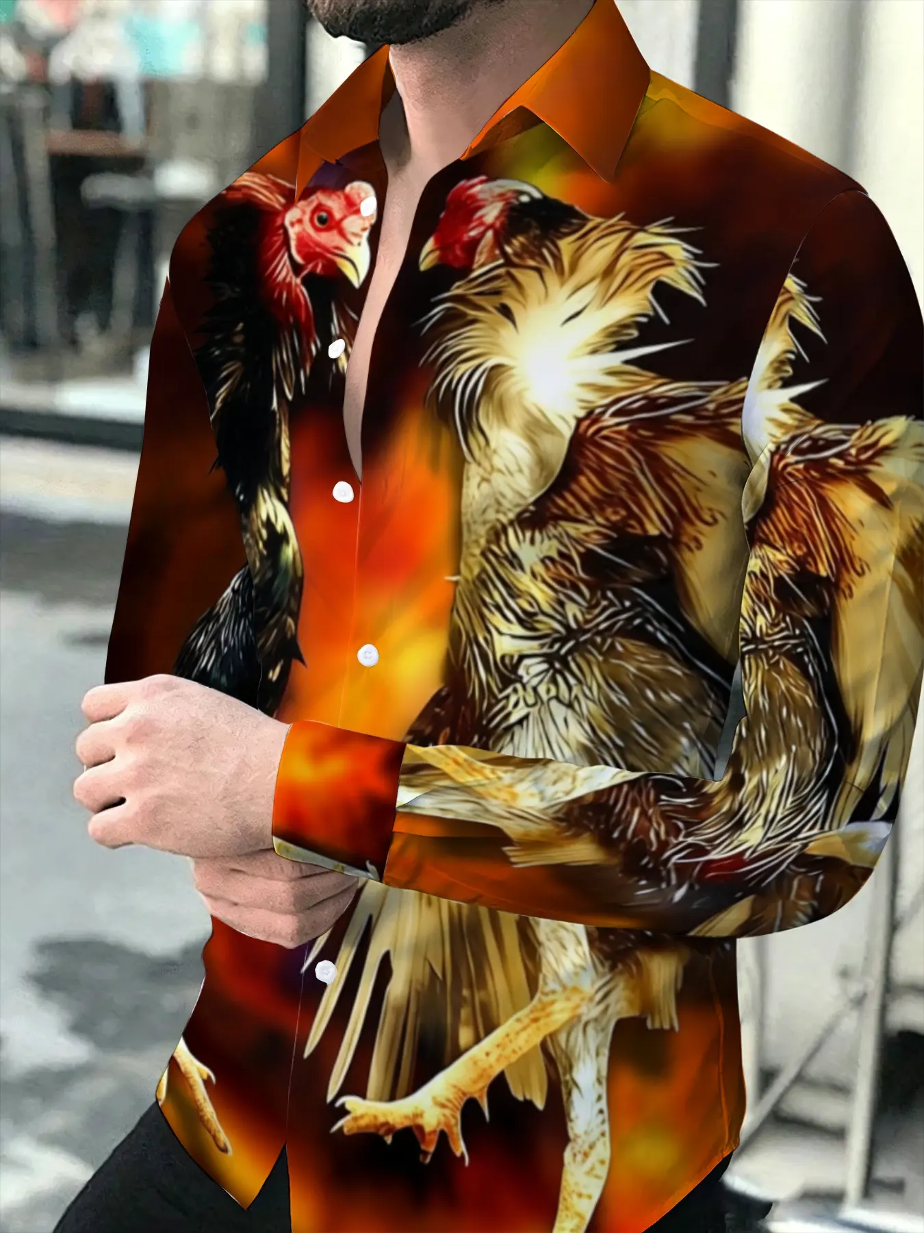 Men's Trendy Lapel Button-down Long-sleeve Shirt, Featuring Unique All Over Printed Fighting Rooster Print, With Brown, Black And Orange Tones, Stylish Casual Collared Top For Daily Wear, Printed Party Activewear for Everyday Wear, Casual Button Shirts