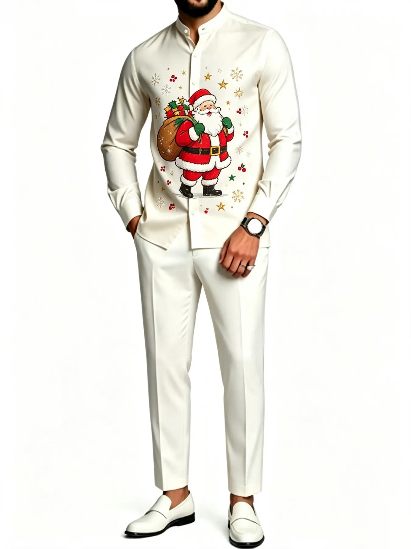 Men's Cream White Christmas Santa Print 2 Piece Outfit, Long Sleeve Mandarin Collar Shirt And Matching Pants Set, Festive Holiday Party Suit, Santa Claus Printed Shirt, Christmas Matching Set For Men, Holiday Evening Wear
