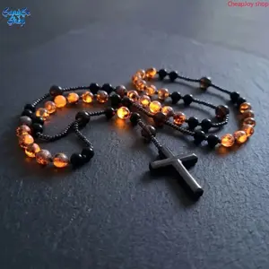 2026 Natural Obsidian Yooperlite Rosary Necklace UV Reactive Protection Necklace Hematite Stone Cross Pendant Necklace Gift for her, gift for him
