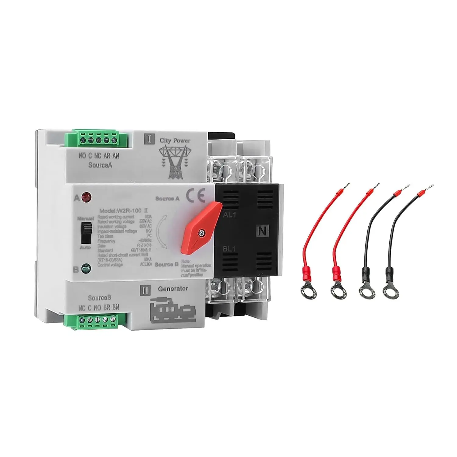 100Amp AC220V 2P 50/60Hz Automatic/Manual Mini ATS Dual Power Transfer Switch, Din Rail Mount Auto Changeover Fast Transfer for Home Generator Solar RV LV Power