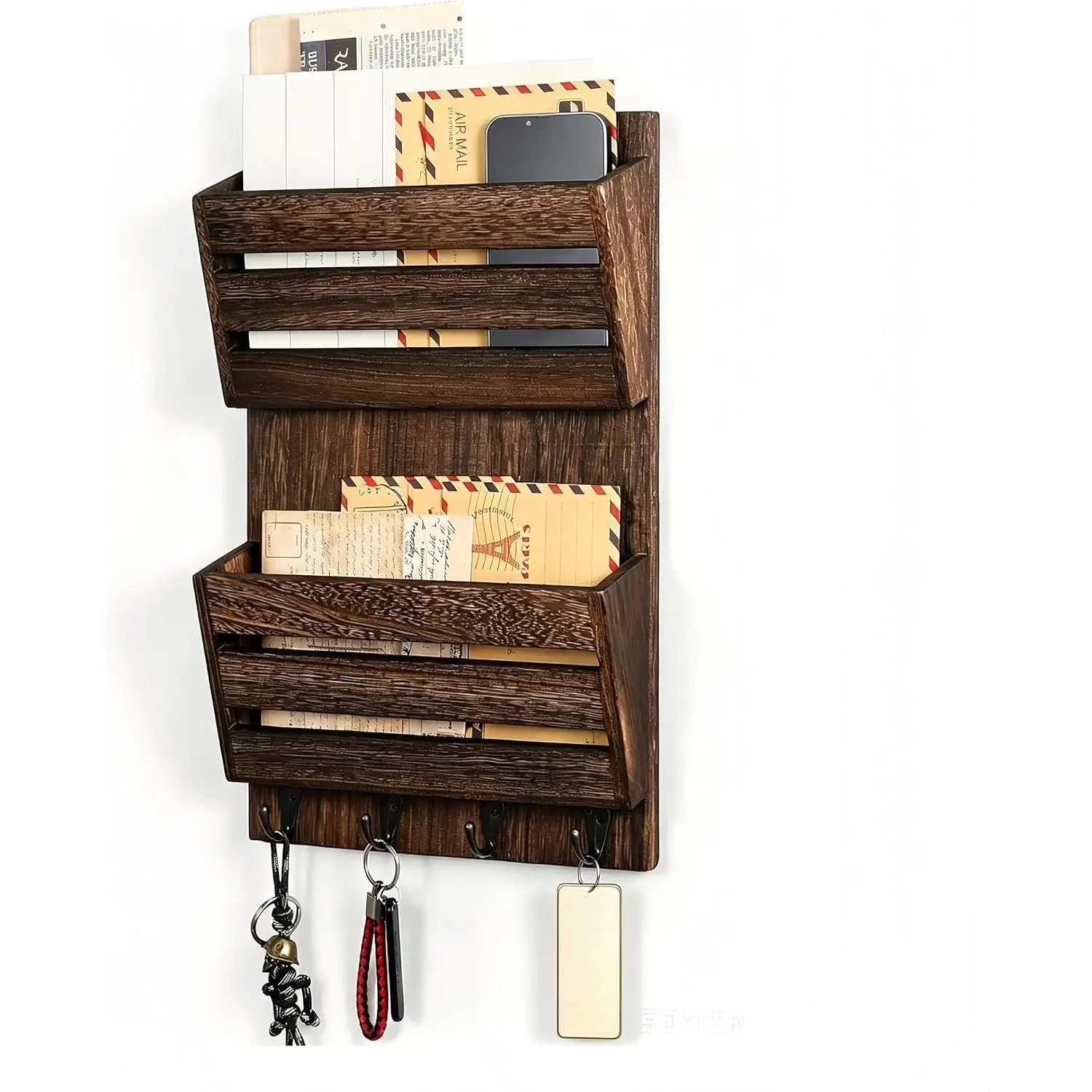 Mail Organizer Wall Mount with Key Hooks, 2-Slot  Mail and Key Holder, Wall File Organizer Office Letter Folder Accessories Organizer   Decor