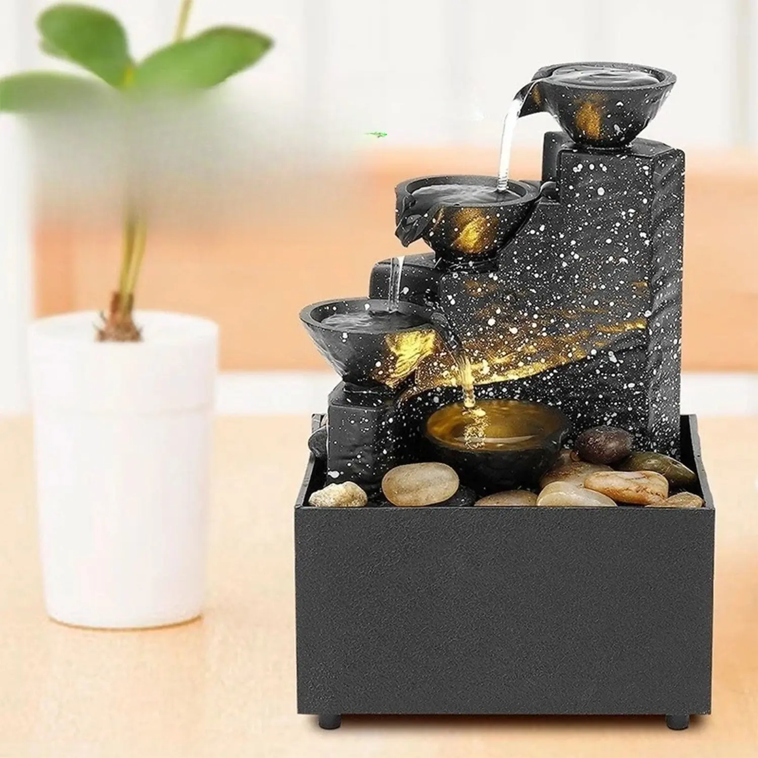 Indoor Water Fountain with LED Lights, Zen Tabletop Waterfall Fountain for Home Decor, Quiet Desktop Relaxation Fountain for Bedroom, Office & Living Room