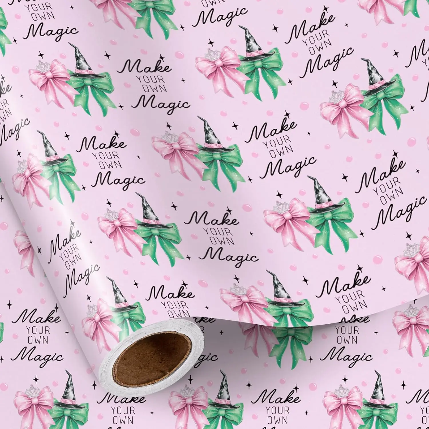 RUSPEPA Cute Bow Christmas Wrapping Paper Roll, Pink & Green Magical Gift Wrap with Witch Hat, Stars & “Make Your Own Magic” Design, Christmas Gifts for Girls, 17 Inches x 16.4 Feet