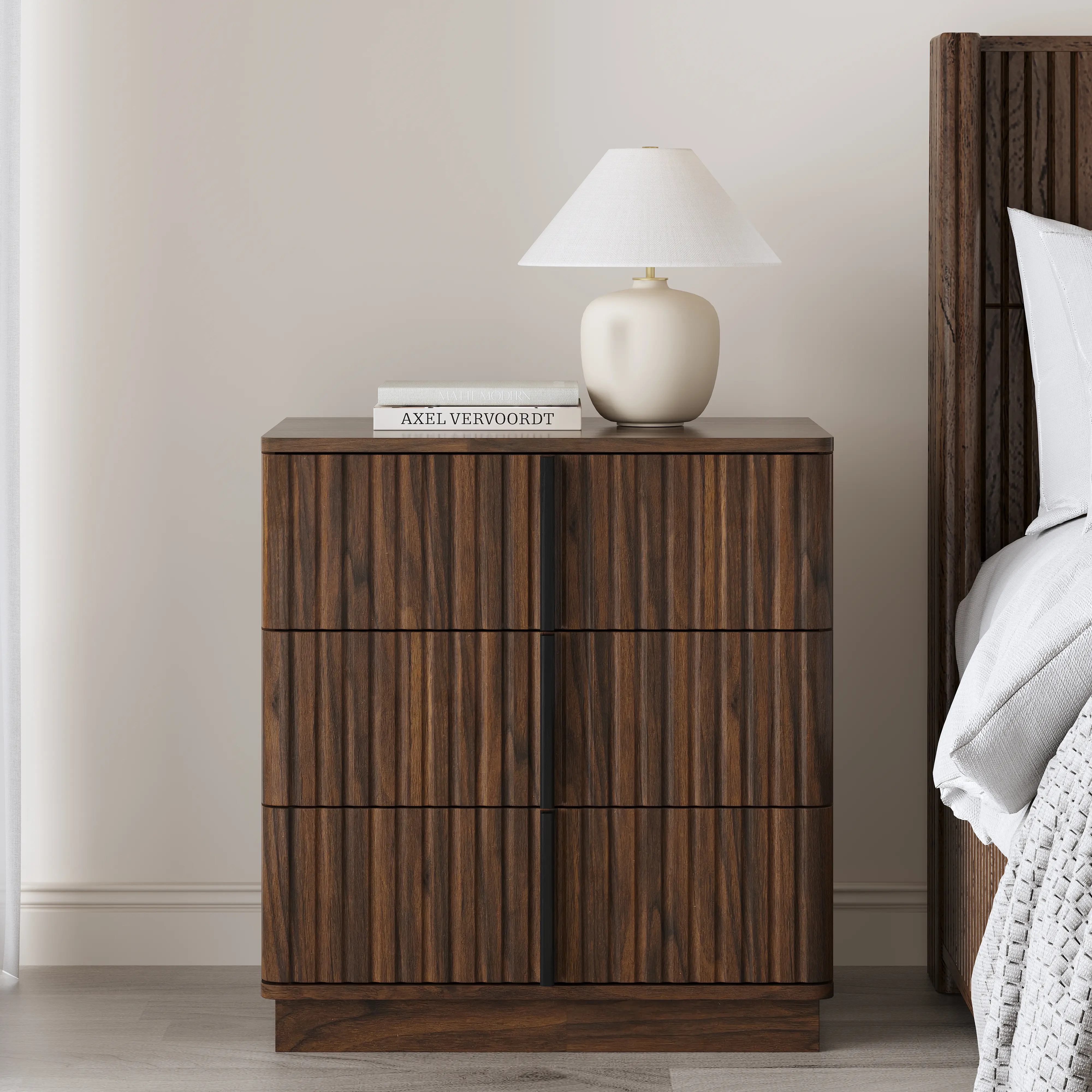 ARCH Vintage Vertical Stripe Rectangular 3-Drawer MDF Wood Nightstand - Single Unit with Storage Organization, Retro Bedroom Side Table, 15.75x25.39x23.62", Walnut Finish, for Home Use