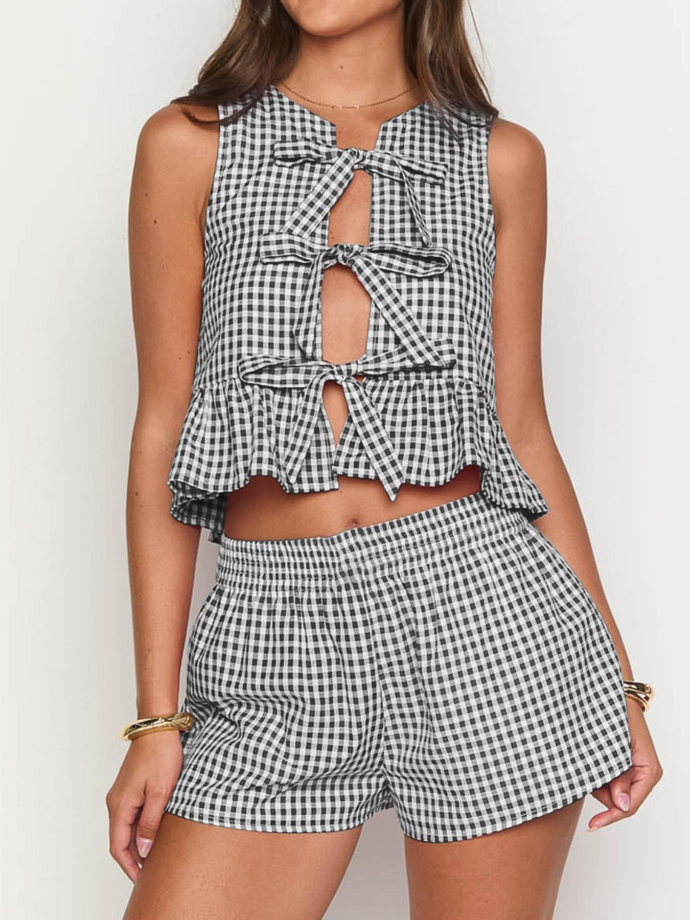 Women's Plaid Print Bow Crop Top & Shorts Two-Piece Set Womenswear, Casual Fashion Butterfly Sleeve Top & Shorts for Daily Outdoor Wear, Ladies Summer Clothes