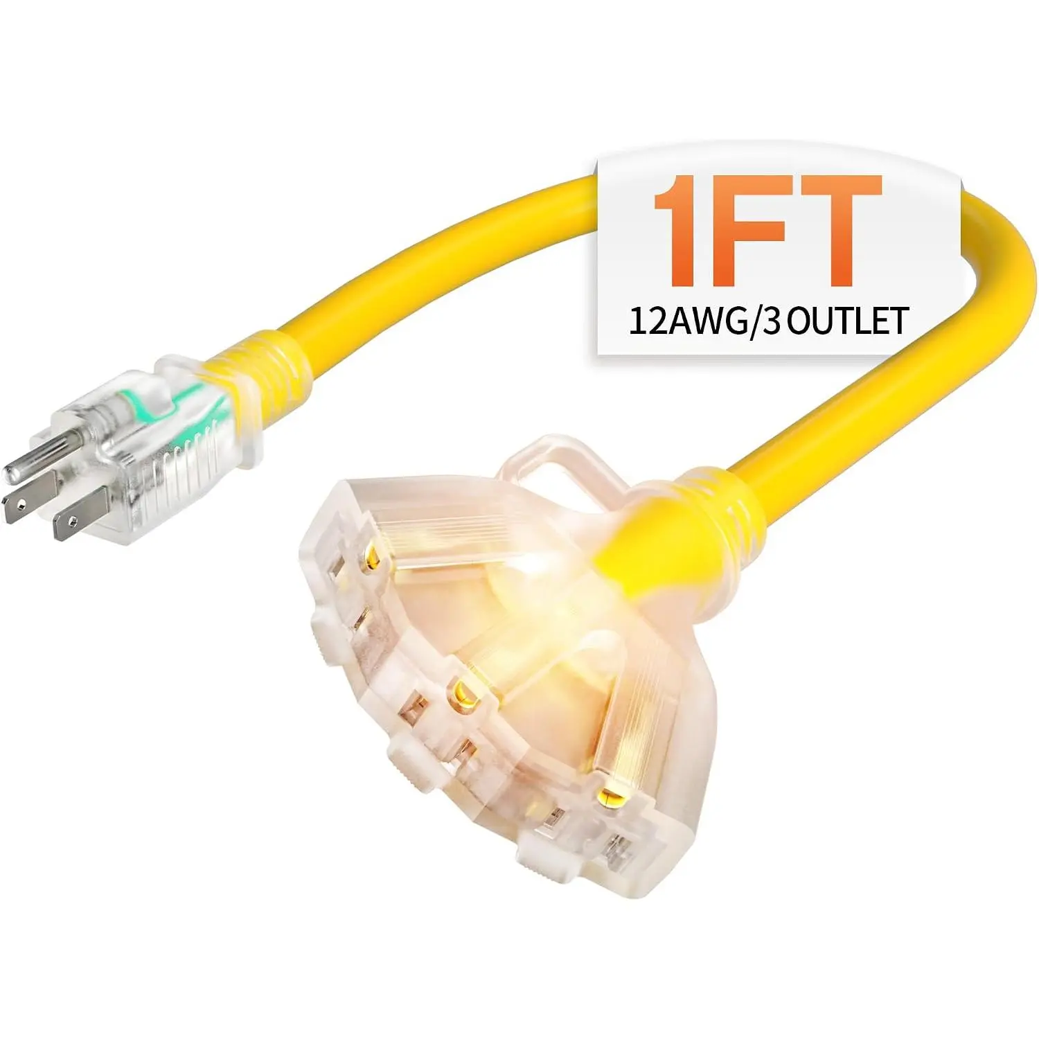 1ft-1pc 12 Gauge Heavy Duty Vinyl Synthetic 3-Outlet Extension Cord Splitter, Outdoor Plug-in Cord with Protection, 15A 1875W, ETL Listed Flexible Yellow SJTW for Workshop, Flexible Wire