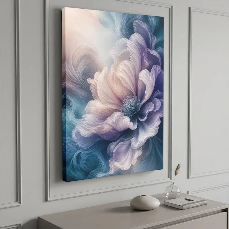 Abstract Floral Canvas Print - Hanging Wood Framed Multi-Size Wall Art, Large Purple Flower Decor, Modern Botanical Piece, Dreamy Pastel Bloom for Bedroom Living Room