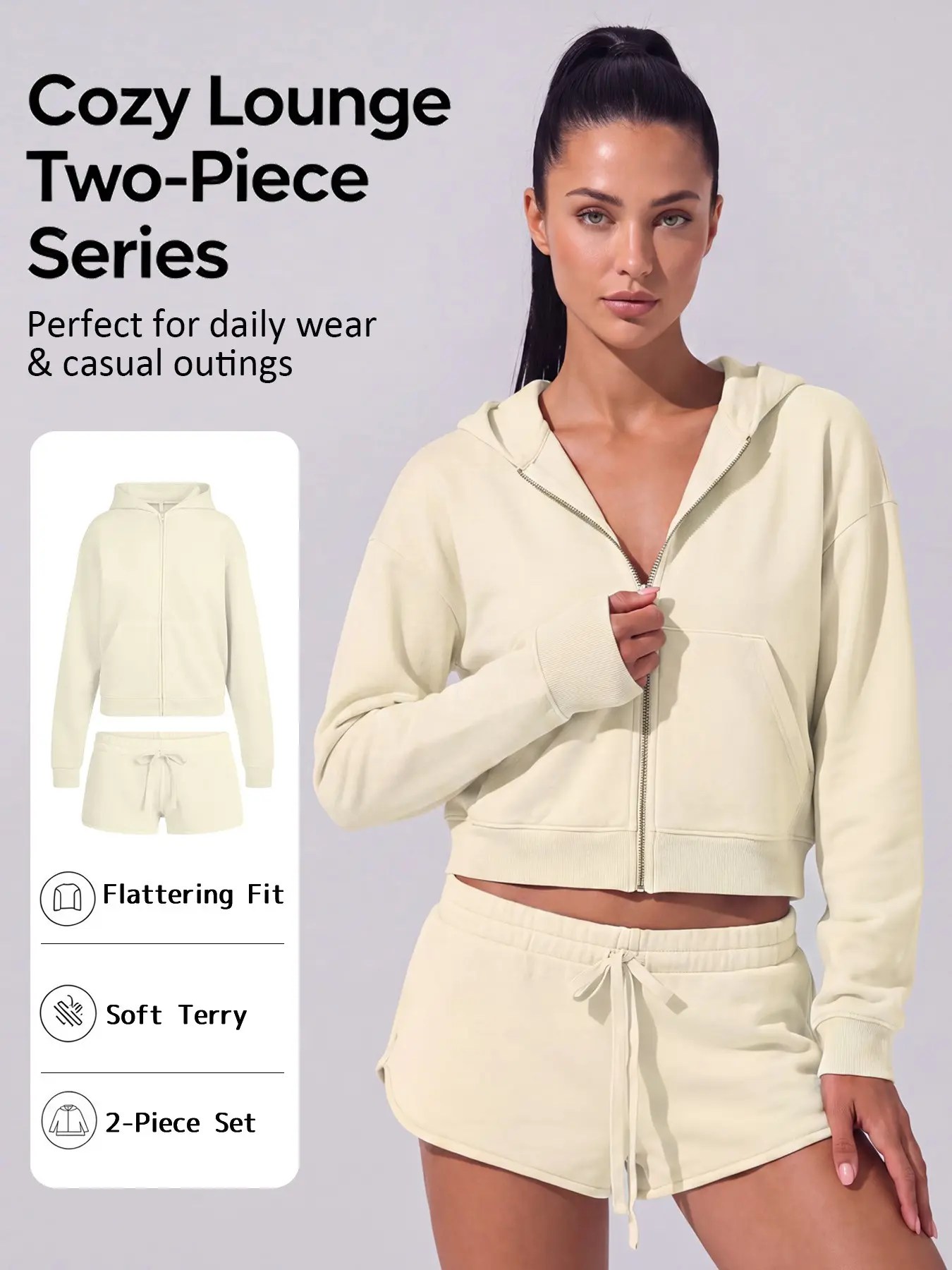 New American Style Sporty Casual Short Sleeve Sexy Zipper Jacket Hoodie Set, Travel Essential Zipper Hooded Shirt, Sports Top with Zip Pockets
