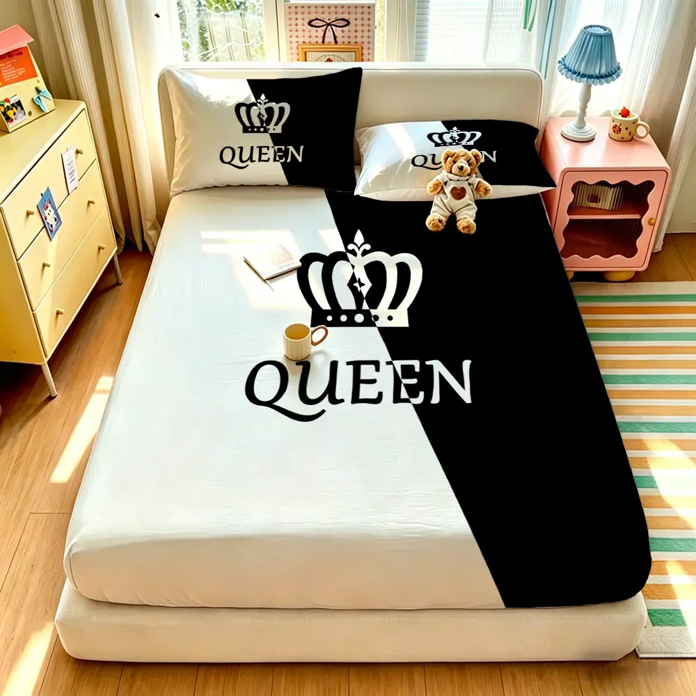3pcs Black and White Contrast Crown QUEEN Slogan Print Fitted Sheet Set, Bedsheet Set, 1 Fitted Sheet + 2 Pillowcases, Unfilled Soft Comfortable Bed Cover, Deep Pocket Design, For All Rooms