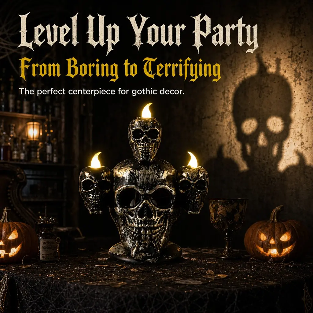Trending Three-Headed Ghost Skull LED Candlestick Light Halloween Retro Decorative Night Lamp Creepy Table Ornaments For Home Mantel, Bar, Escape Room, Shop Window Holiday Theme Party Ambient Decor Supplies
