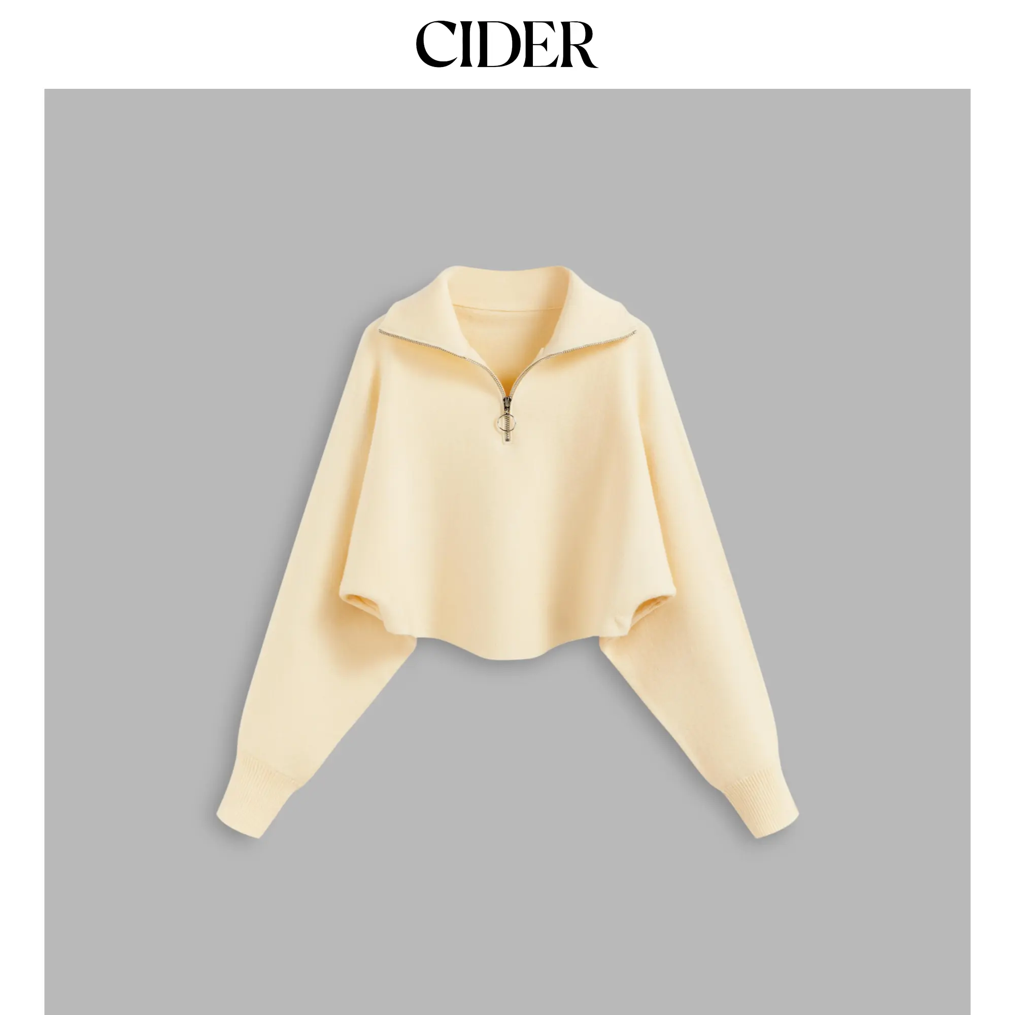Cider [size 2-10] Knitted Collar Solid Zipper Long Sleeve Crop Top